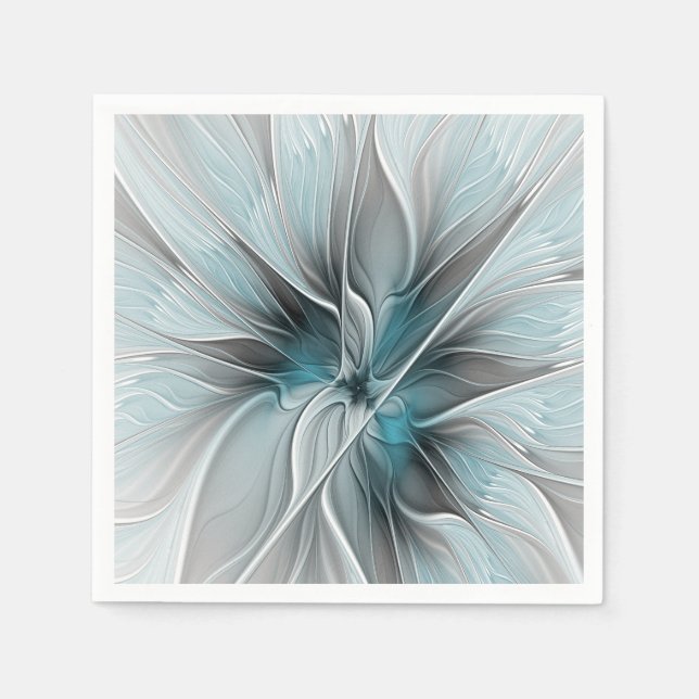 Floral Fractal Modern Abstract Flower Blue Grey Napkin (Front)