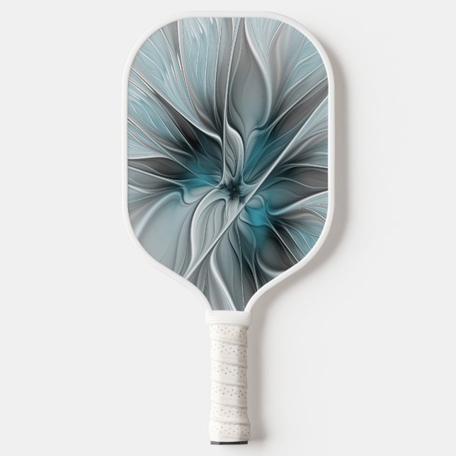Floral Fractal Modern Abstract Flower Blue Grey Pickleball Paddle (Front)