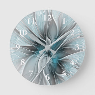 Floral Fractal Modern Abstract Flower Blue Grey Round Clock