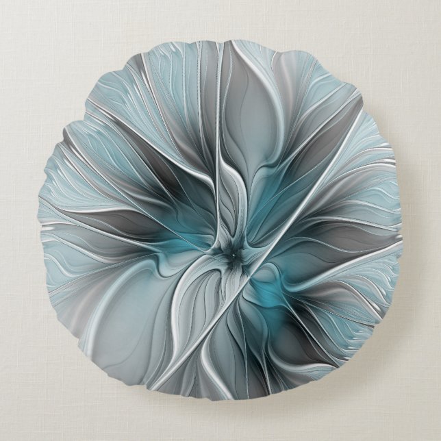 Floral Fractal Modern Abstract Flower Blue Grey Round Cushion (Front)