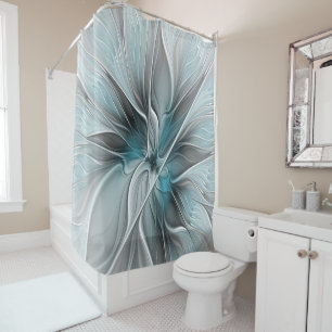 Floral Fractal Modern Abstract Flower Blue Grey Shower Curtain