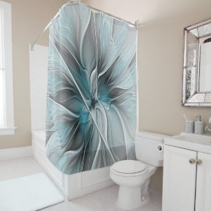Floral Fractal Modern Abstract Flower Blue Grey Shower Curtain