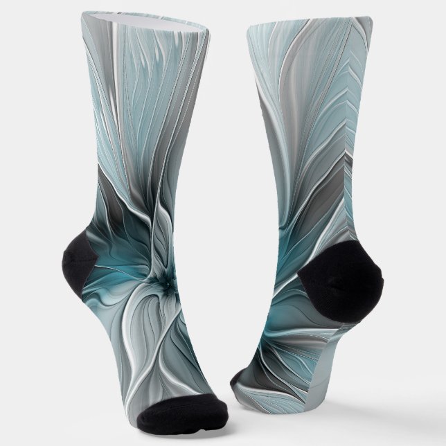 Floral Fractal Modern Abstract Flower Blue Grey Socks (Angled)