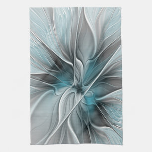 Floral Fractal Modern Abstract Flower Blue Grey Tea Towel