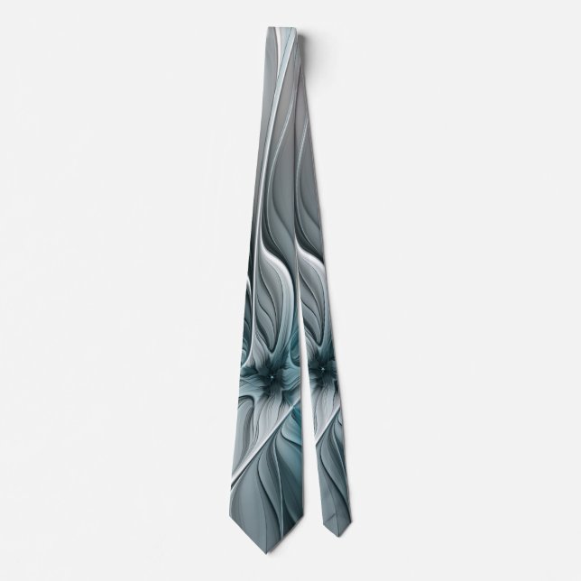 Floral Fractal Modern Abstract Flower Blue Grey Tie (Front)