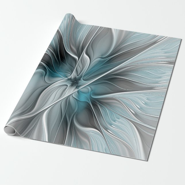Floral Fractal Modern Abstract Flower Blue Grey Wrapping Paper (Unrolled)