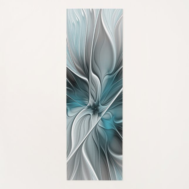 Floral Fractal Modern Abstract Flower Blue Grey Yoga Mat (Front)