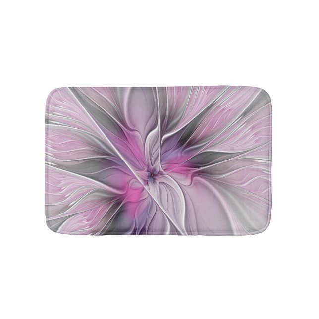Floral Fractal Modern Abstract Flower Pink Gray Bath Mat (Front)
