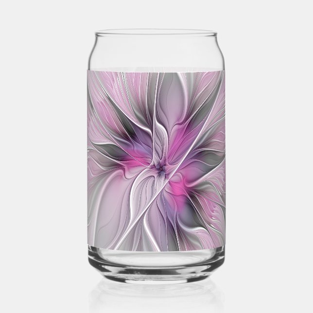 Floral Fractal Modern Abstract Flower Pink Gray Can Glass (Front)