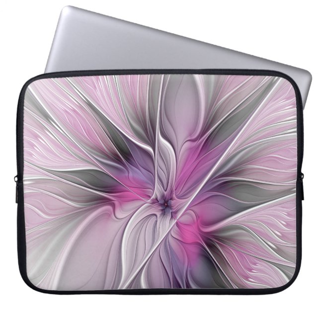Floral Fractal Modern Abstract Flower Pink Gray Laptop Sleeve (Front)