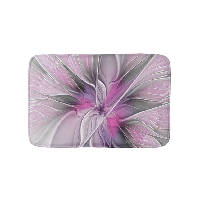 Floral Fractal Modern Abstract Flower Pink Grey Bath Mat (Front)