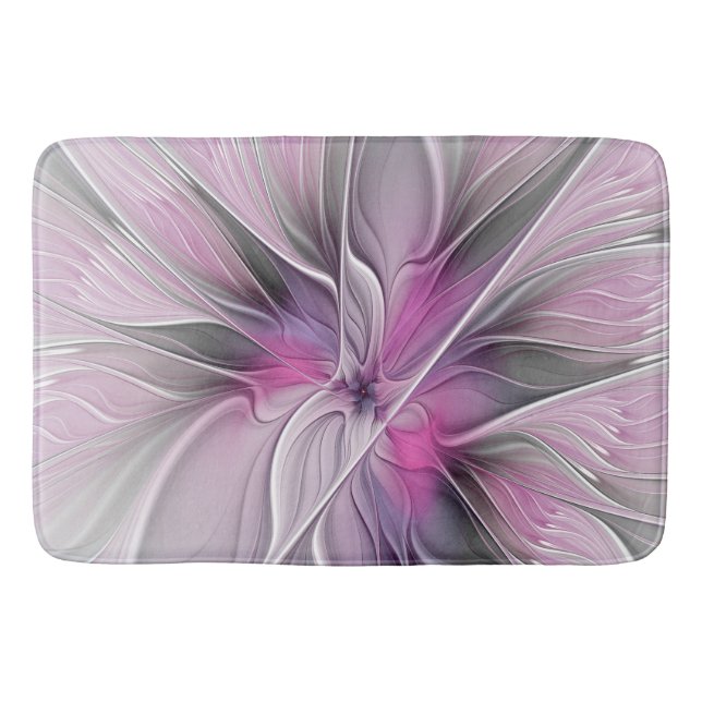 Floral Fractal Modern Abstract Flower Pink Grey Bath Mat (Front)