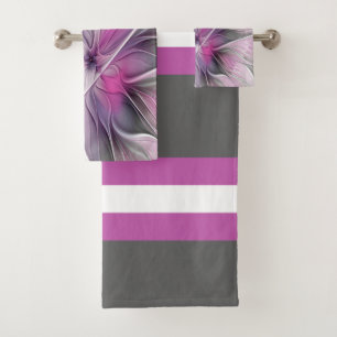 Floral Fractal Modern Abstract Flower Pink Grey Bath Towel Set