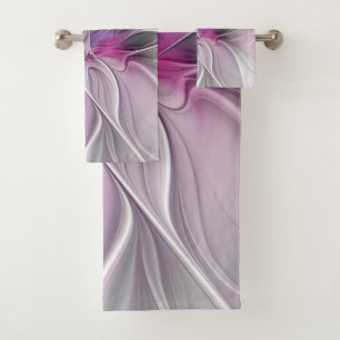 Floral Fractal Modern Abstract Flower Pink Grey Bath Towel Set