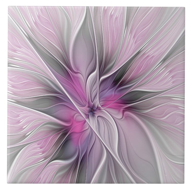Floral Fractal Modern Abstract Flower Pink Grey Ceramic Tile (Front)