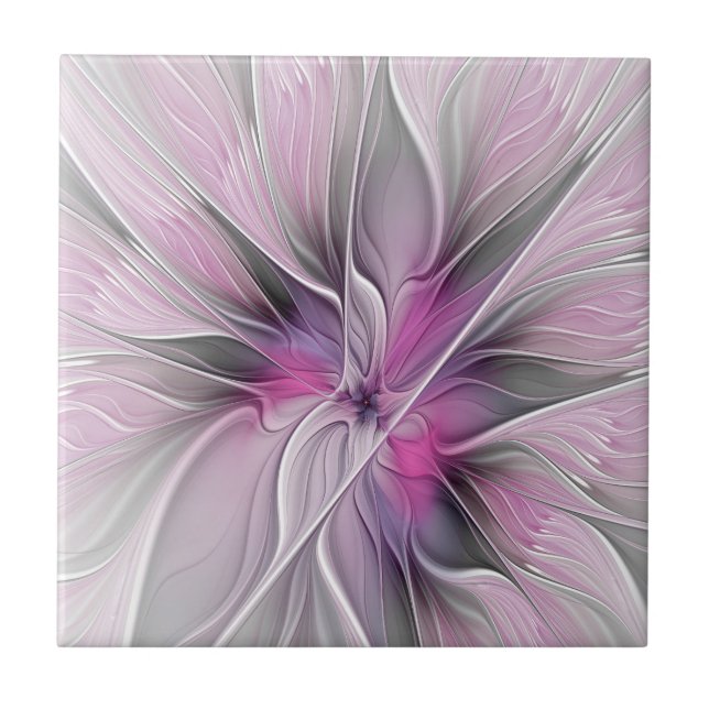 Floral Fractal Modern Abstract Flower Pink Grey Ceramic Tile (Front)