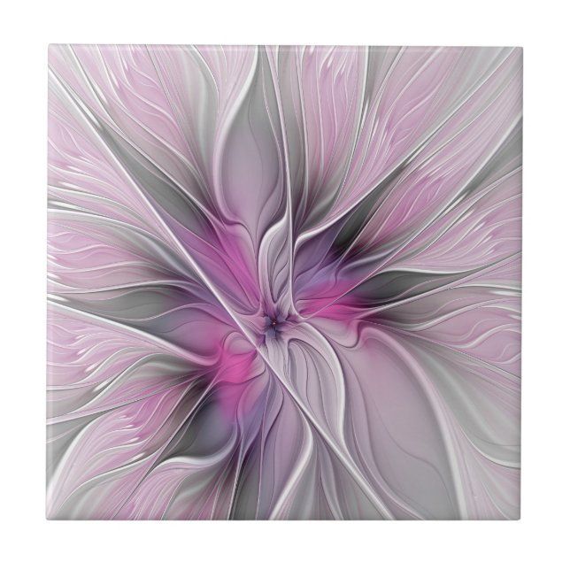 Floral Fractal Modern Abstract Flower Pink Grey Ceramic Tile (Front)