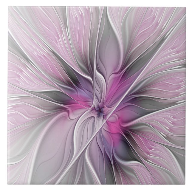 Floral Fractal Modern Abstract Flower Pink Grey Ceramic Tile (Front)