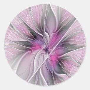 Floral Fractal Modern Abstract Flower Pink Grey Classic Round Sticker