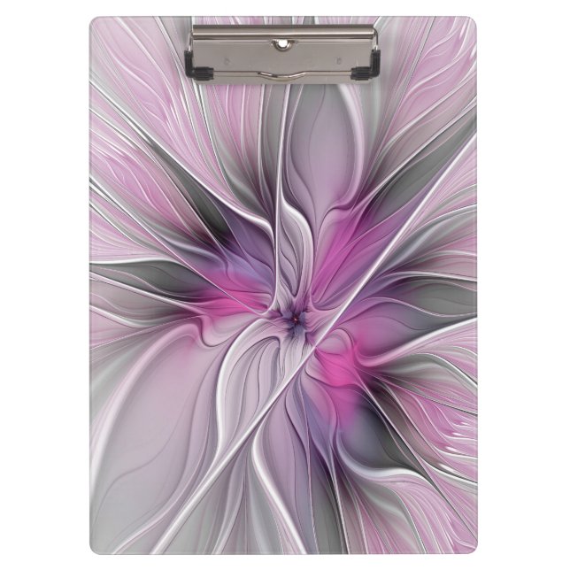 Floral Fractal Modern Abstract Flower Pink Grey Clipboard (Front)
