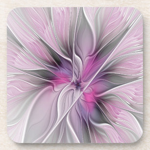 Floral Fractal Modern Abstract Flower Pink Grey Coaster