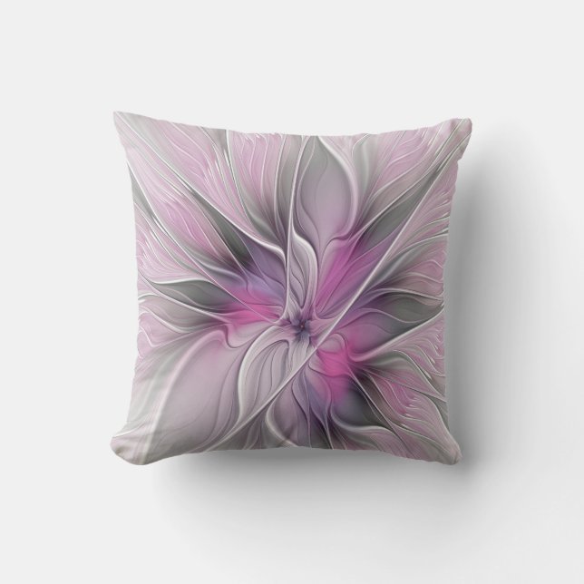Floral Fractal Modern Abstract Flower Pink Grey Cushion (Front)