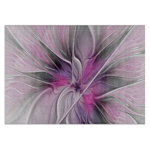 Floral Fractal Modern Abstract Flower Pink Grey Cutting Board