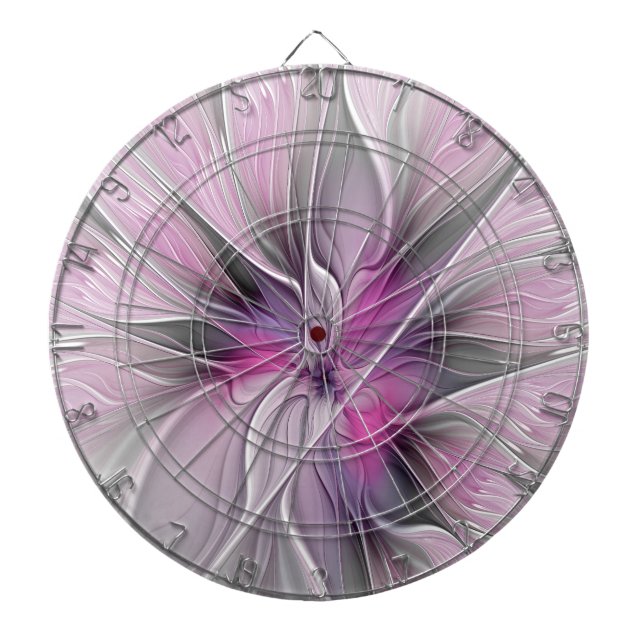 Floral Fractal Modern Abstract Flower Pink Grey Dartboard (Front)