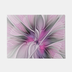 Floral Fractal Modern Abstract Flower Pink Grey Doormat