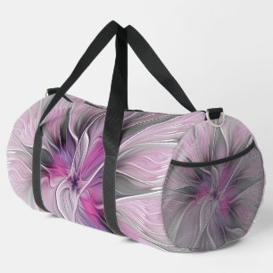 Floral Fractal Modern Abstract Flower Pink Grey Duffle Bag