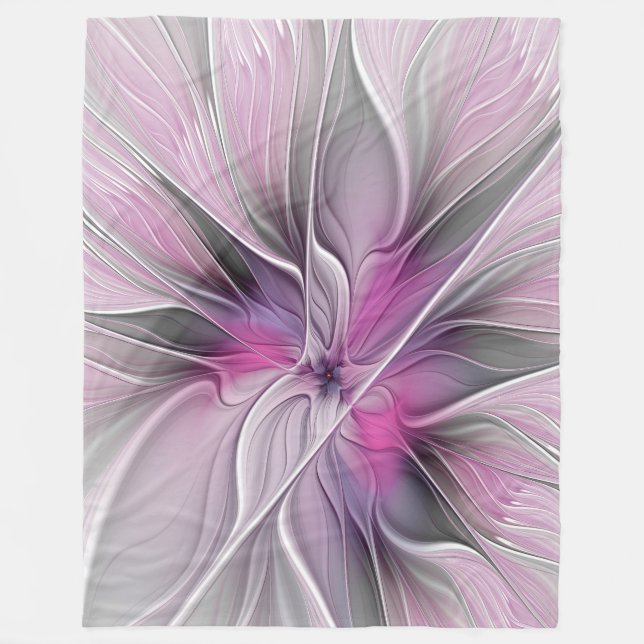 Floral Fractal Modern Abstract Flower Pink Grey Fleece Blanket (Front)