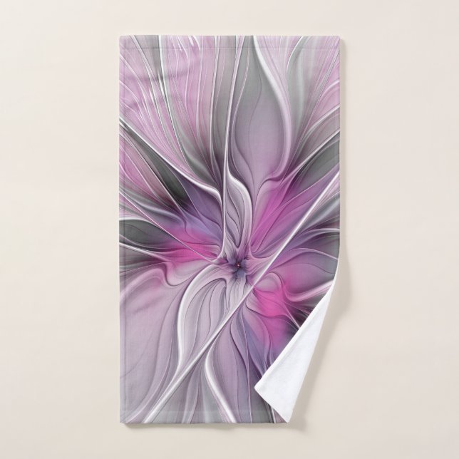 Floral Fractal Modern Abstract Flower Pink Grey Hand Towel (Hand Towel)