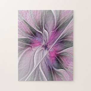 Floral Fractal Modern Abstract Flower Pink Grey Jigsaw Puzzle
