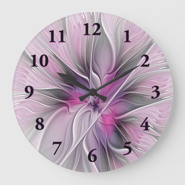 Floral Fractal Modern Abstract Flower Pink Grey Large Clock (Front)