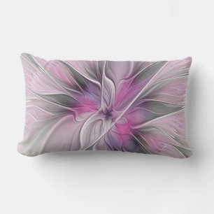 Floral Fractal Modern Abstract Flower Pink Grey Lumbar Cushion