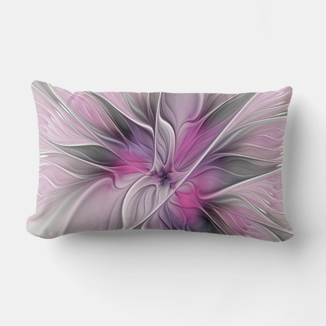 Floral Fractal Modern Abstract Flower Pink Grey Lumbar Cushion (Front)