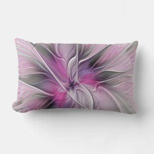 Floral Fractal Modern Abstract Flower Pink Grey Lumbar Cushion