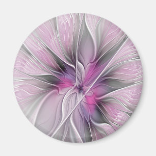 Floral Fractal Modern Abstract Flower Pink Grey Magnet
