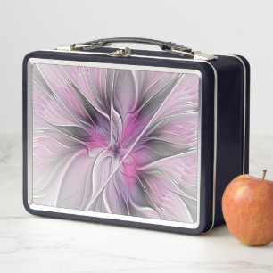 Floral Fractal Modern Abstract Flower Pink Grey Metal Lunch Box