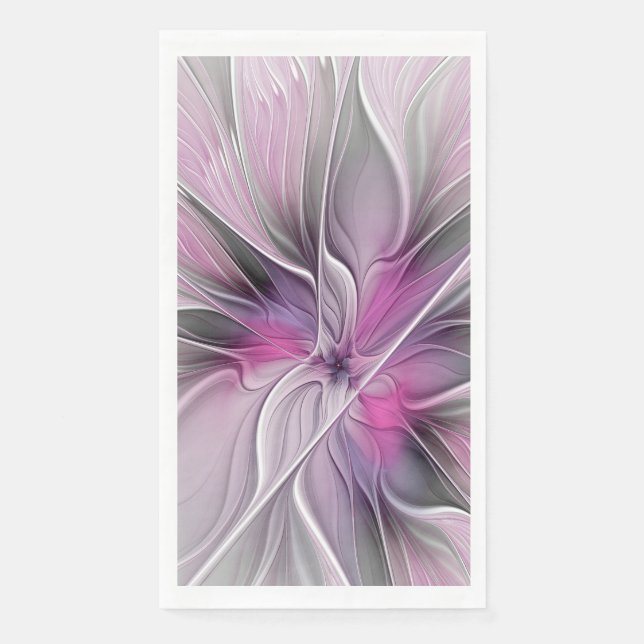 Floral Fractal Modern Abstract Flower Pink Grey Napkin (Front)