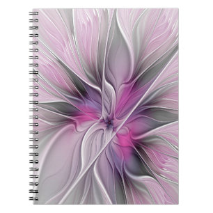 Floral Fractal Modern Abstract Flower Pink Grey Notebook
