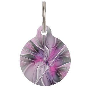 Floral Fractal Modern Abstract Flower Pink Grey Pet Tag
