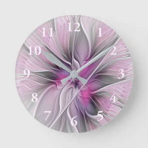 Floral Fractal Modern Abstract Flower Pink Grey Round Clock