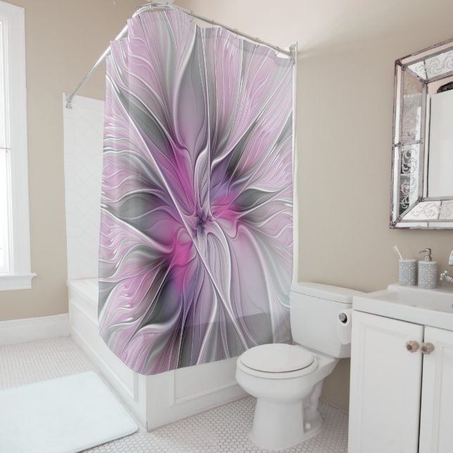 Floral Fractal Modern Abstract Flower Pink Grey Shower Curtain (In Situ)