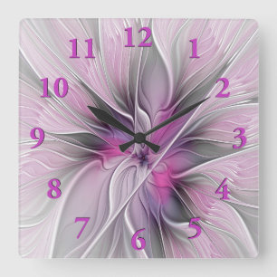 Floral Fractal Modern Abstract Flower Pink Grey Square Wall Clock