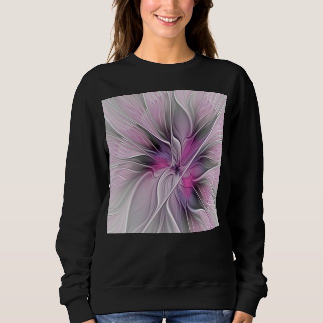 Floral Fractal Modern Abstract Flower Pink Grey Sweatshirt (Front)