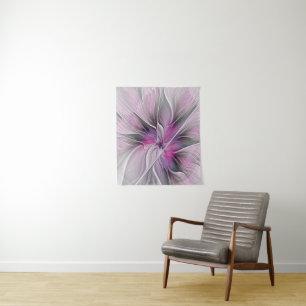 Floral Fractal Modern Abstract Flower Pink Grey Tapestry
