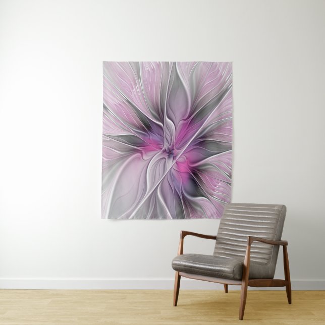 Floral Fractal Modern Abstract Flower Pink Grey Tapestry (In Situ)