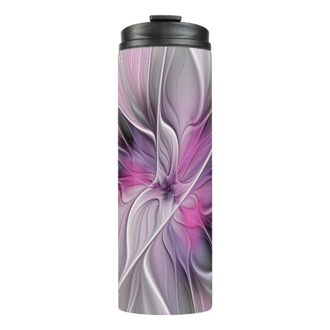 Floral Fractal Modern Abstract Flower Pink Grey Thermal Tumbler (Front)