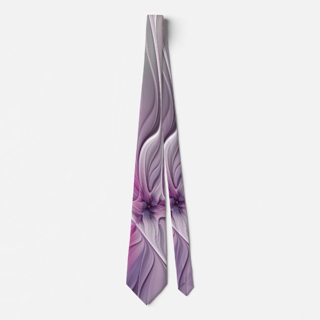 Floral Fractal Modern Abstract Flower Pink Grey Tie (Front)